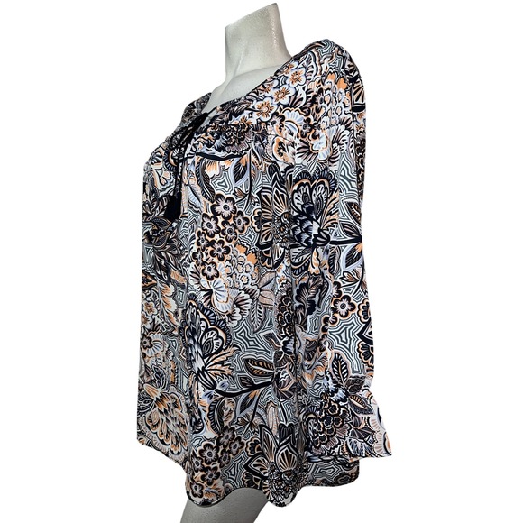 Zac & Rachel Womens Tunic Blouse XL Black Orange Floral Print Tie Neck 3/4 Slv - Picture 4 of 7